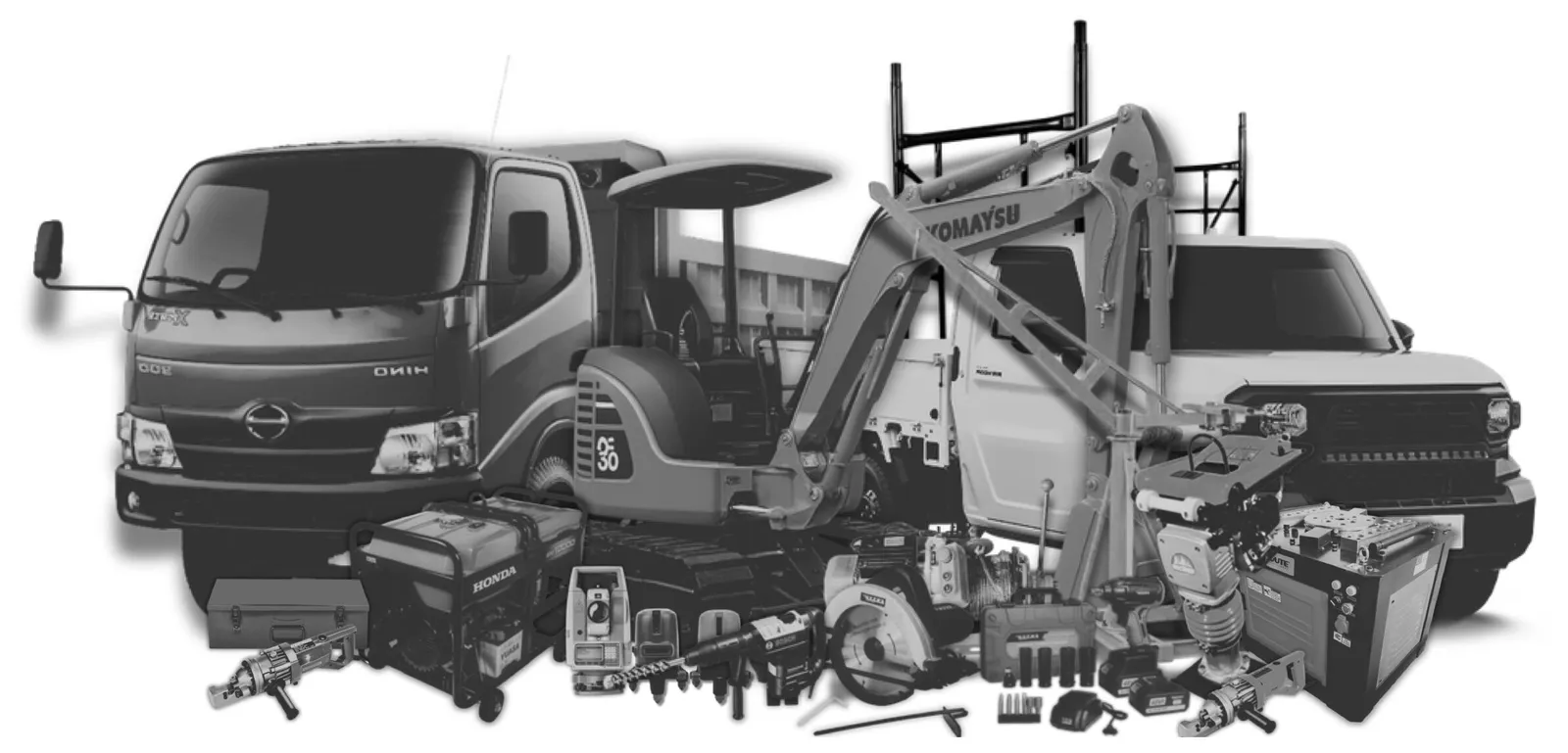Perfect Tools equipment and vehicles: a dump truck, pick-up, excavator, generator, total station and other site tools.