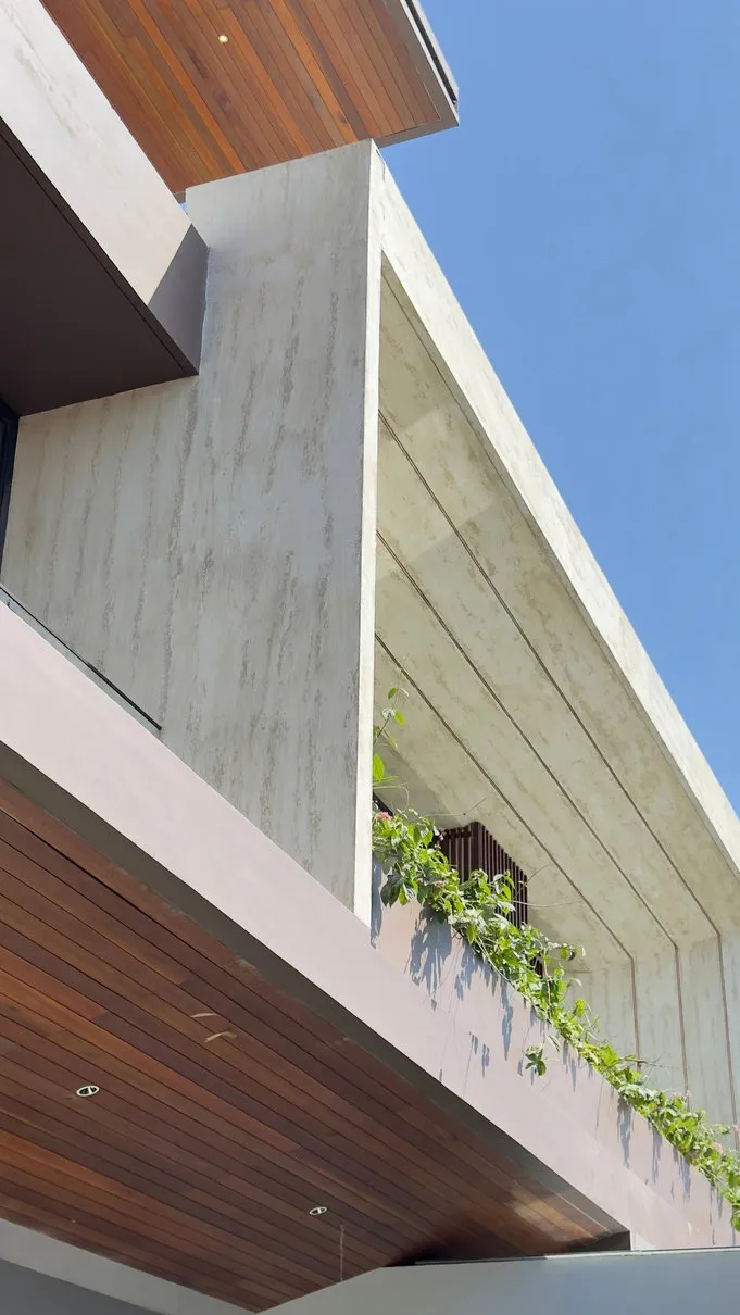 Facade detail with timber trim and climbing plants beneath a blue sky.